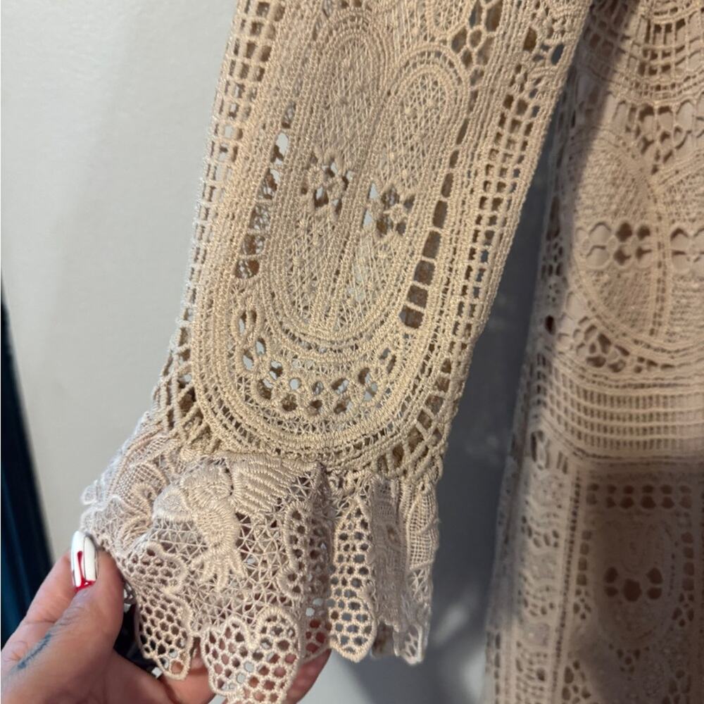 Anna Sui Rare Beige Lace Mock Neck lace overlay long sleeve mini dress size 4 - Picture 4 of 8